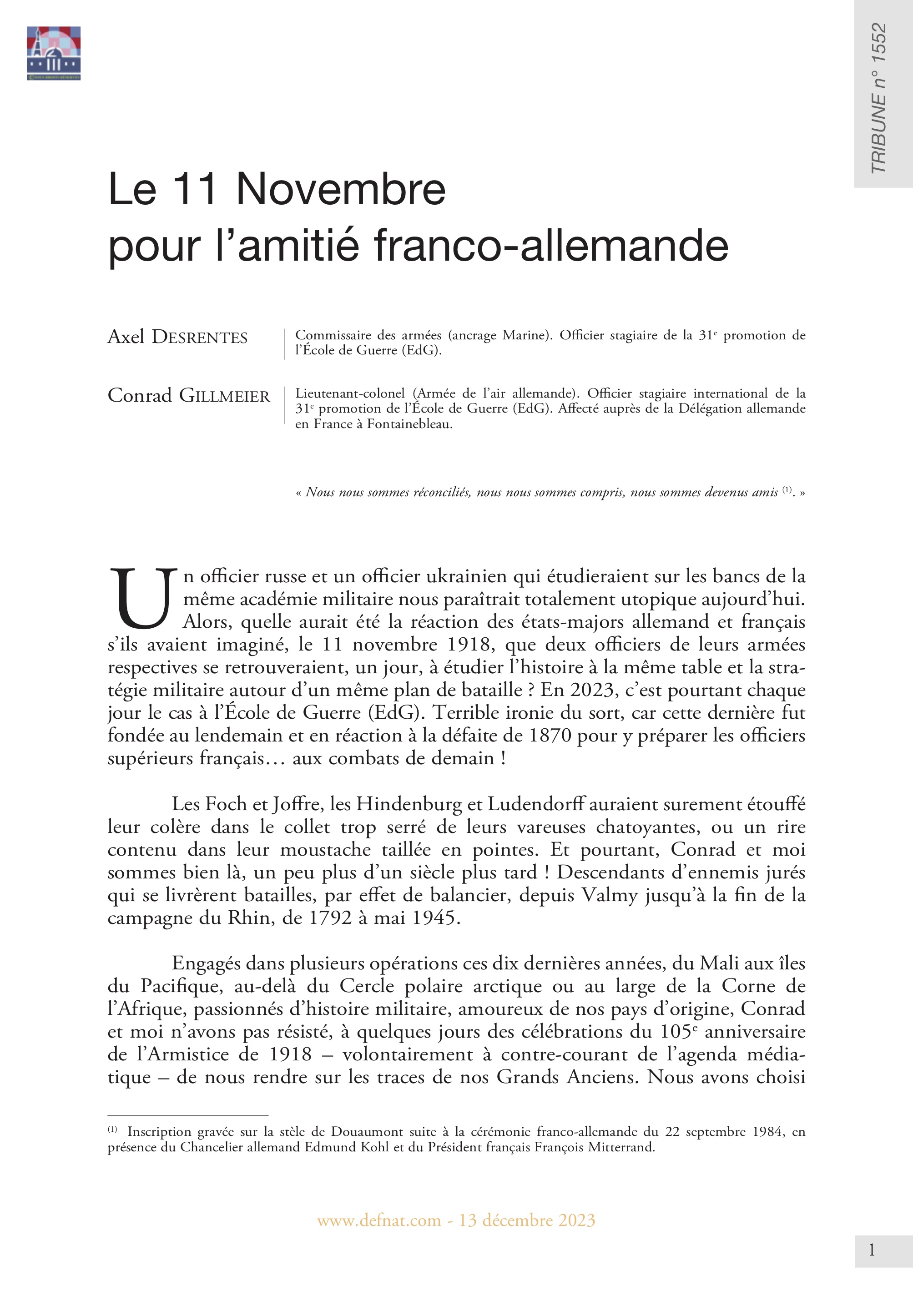 Le 11 Novembre pour l’amitié franco-allemande (T 1552)

